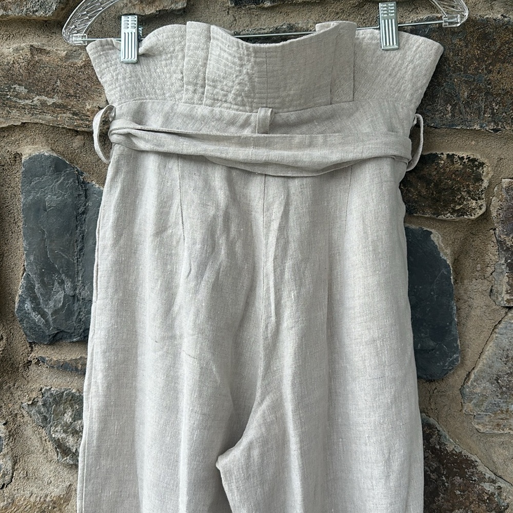 Padova Linen High Waist Paperbag Pleated Wide-Leg Pants in Beige Size 8 - Picture 8 of 10